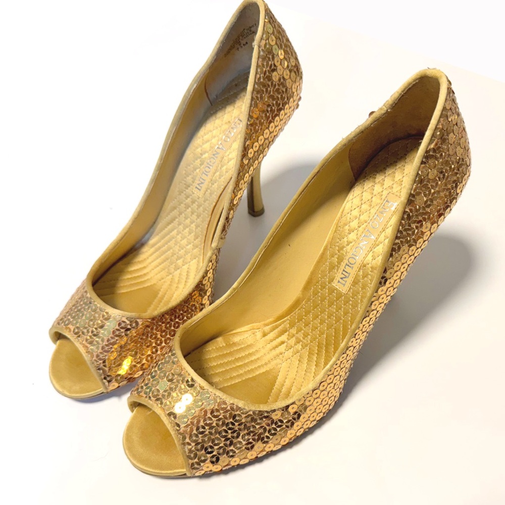 Enzo Angiolini Gold Sequin Sparkle Peep Toe Pumps Heels Shoes
